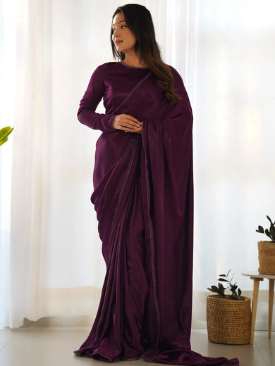 Fascinating Purple Velvet Pre-Stitched Party Wear Saree With Blouse
